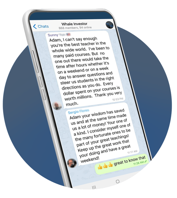 Smartphone showing a chat screenshot from the Whale Investor telegram group