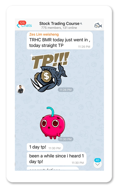 Screenshot of Adam Khoo stock trading course Telegram group