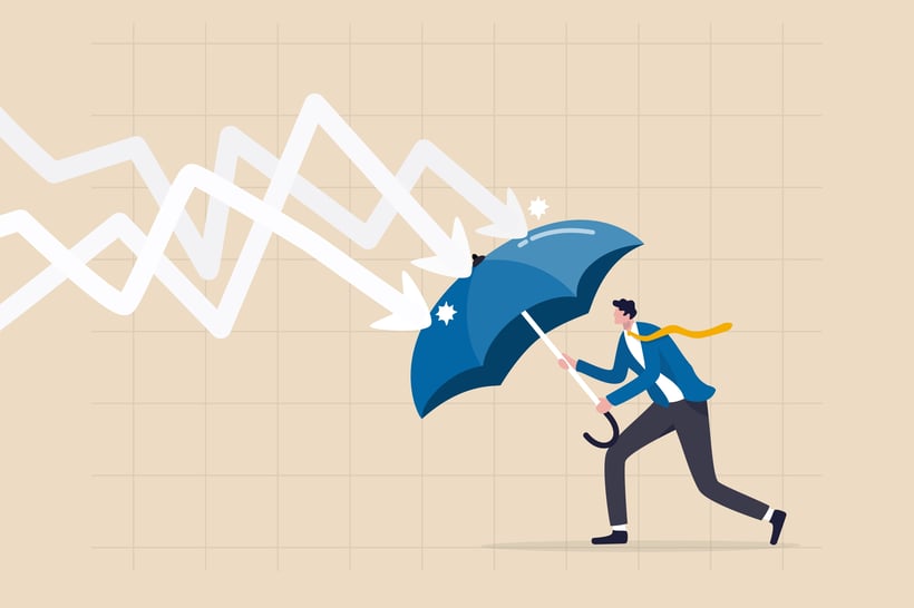 Cartoon man with a blue umbrella shielding himself from arrows