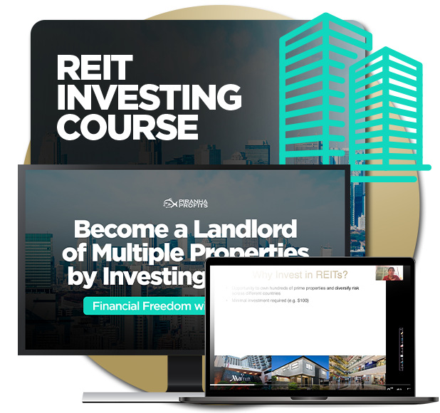 Course banner for REIT Investing course by Adam Khoo, showing the course content in computer and laptop