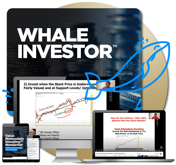 Course banner for Whale Investor Value Momentum Investing course by Adam Khoo, showing the course content in computer, laptop, tablet and smartphone